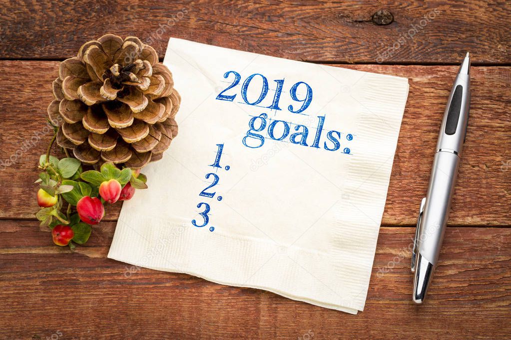 2019 year goals list on a napkin on a wood table with  season decoaration