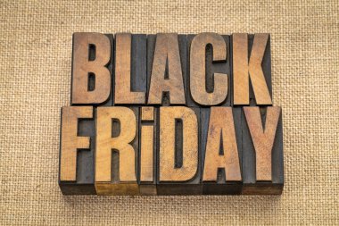 Black Friday, tatil alışveriş olay - çuval bezi tuval karşı vintage Tipo ağaç türü blokları afiş