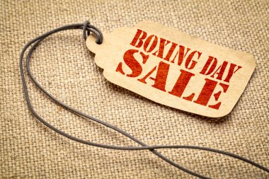 boxing günü Satılık işareti - bir kağıt fiyat etiketi ile çuval bezi tuval üzerine sicim - alışveriş kavramı