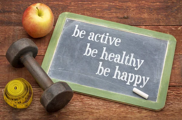 Active Healthy Happy Inspiurational Concept Slate Blackboard Sign Weathered Red — Stock Photo, Image