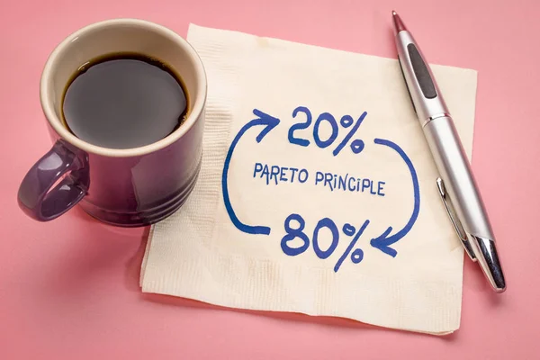 Pareto Prinzipienkonzept Skizze Auf Serviette Mit Tasse Kaffee — Stockfoto