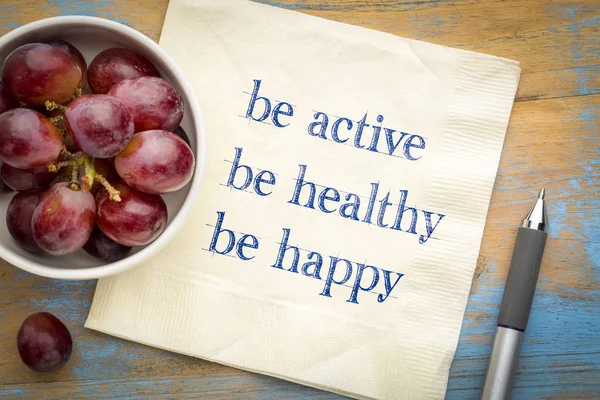 Active Healthy Happy Inspirational Concept Handwriting Napkin Fresh Grapes — Stock Photo, Image