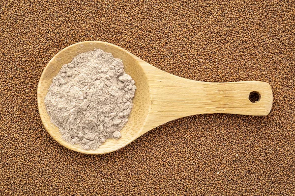 Gluten Free Brown Teff Grain Flour Wooden Spoon Seed Background — Stock Photo, Image