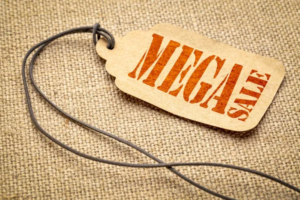 Mega Sale Sign Paper Price Tag Twine Iagainst Burlap Canvas — Stock Photo, Image