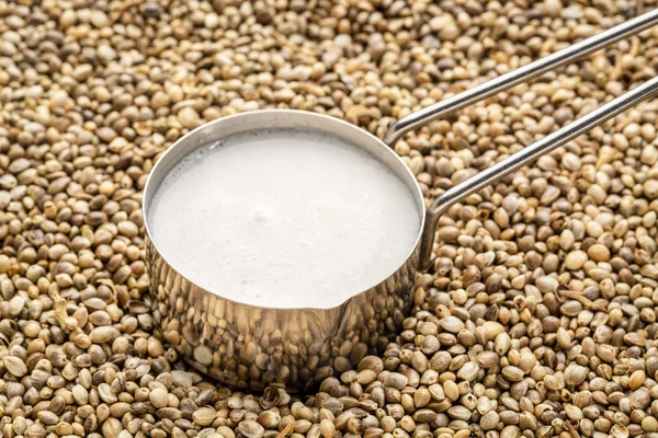 Hemp Milk Metal Measuring Scoop Background Dry Seeds — Stock Photo, Image