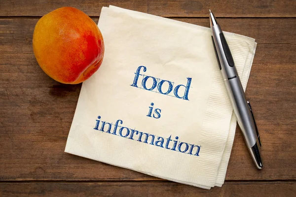Essen Ist Information Handschrift Auf Serviette Mit Frischer Aprikose Ernährung — Stockfoto