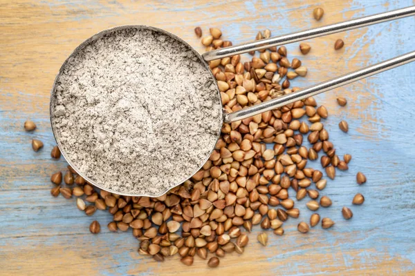 Measuring Scoop Gluten Free Buckwheat Flour Kasha Grain Wooden Background — Stock Photo, Image