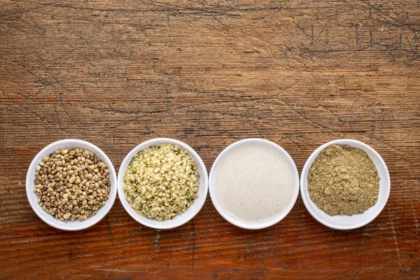 Hemp Seeds Hearts Milk Protein Powder Set Small Ceramic Bowlsn — Stock Photo, Image