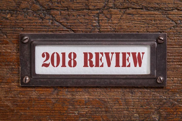 2018 Review Label Grunge Wooden File Cabinet Passing Year Summary — Stock Photo, Image