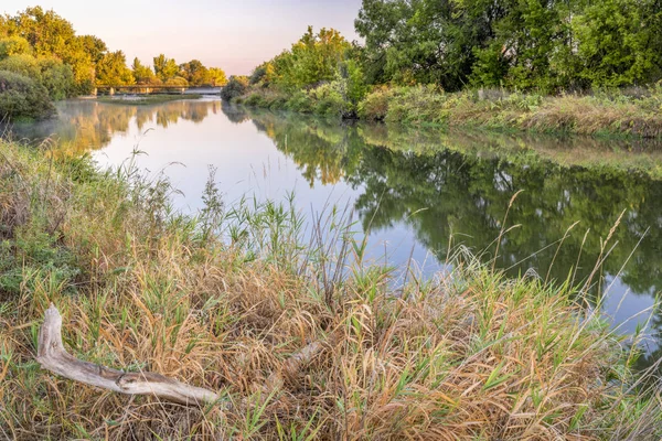 Soluppgång Över Cache Poudre River Norra Colorado Med Vatten Avledning — Stockfoto