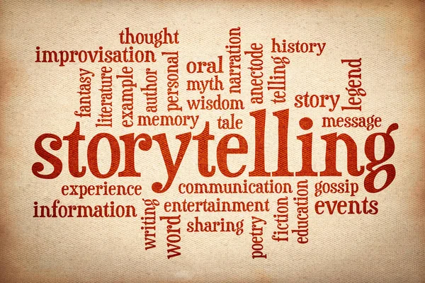Storia Storytelling Parola Nube Testo Rosso Tela — Foto Stock