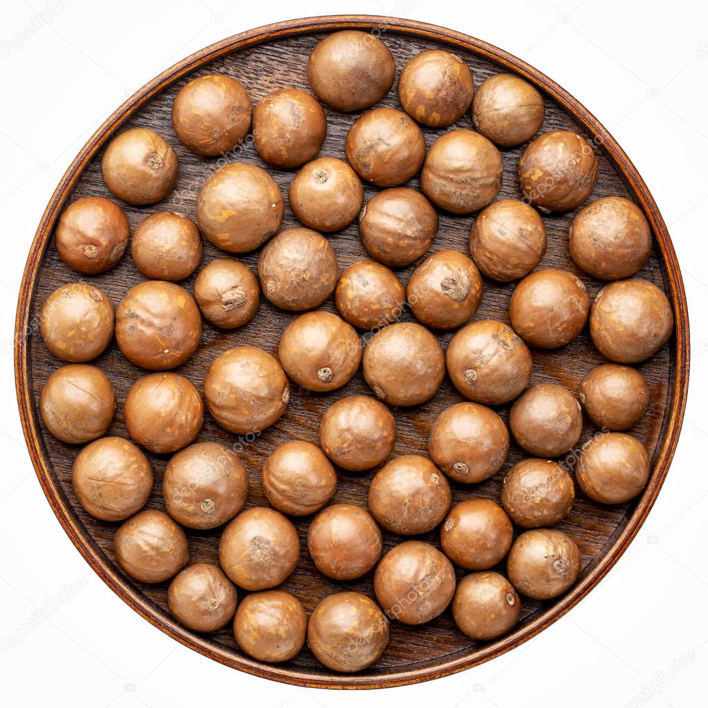 macadamia nuts in shells on on a round wooden tray isolated on white