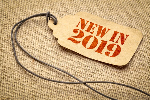 new in 2019 sign - a paper price tag with a twine against burlap canvas