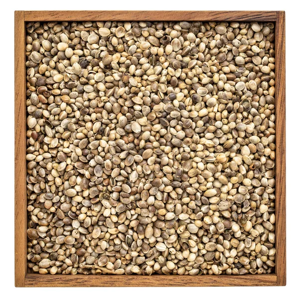 Organic Dried Hemp Seeds Isolated Wooden Box — Stock Photo, Image