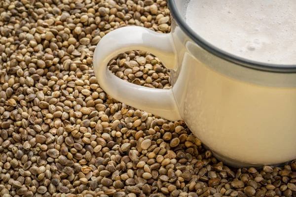 Cup Hemp Milk Dry Hemp Seed Background — Stock Photo, Image