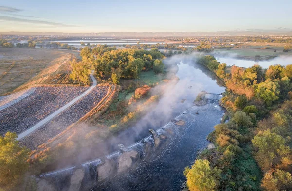 Morning Fog South Platte River Denver Northern Colorado Aerial View — Stock Photo, Image