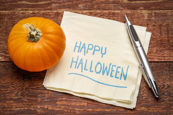 Fröhliche Halloween Grüße Handschrift Auf Serviette Mit Kürbiskürbis Gegen Rustikales — Stockfoto