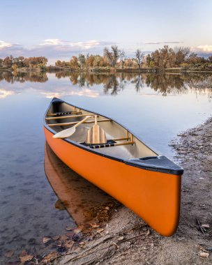 tandem canoe with a wooden paddles on a lake shore with fall scenery