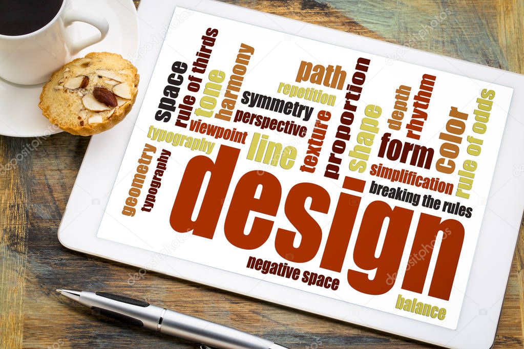 design elements and rules - a word cloud on a digital tablet with a cup of coffee