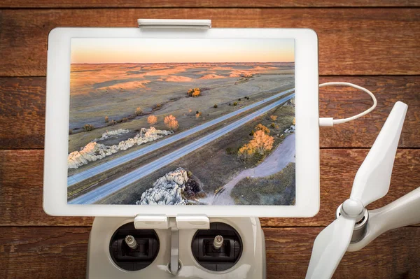 Freeway Rolling Prairie Northern Colorado Reviewing Aerial Image Digital Tablet — Stock Photo, Image
