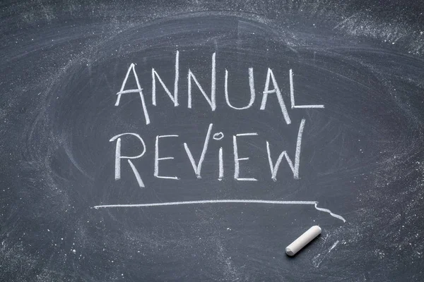 Annual Review Sign White Chalk Messy Handwriting Blackboard — Stock Photo, Image