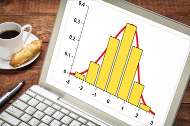 Gauss, bell veya normal dağılım eğrisi ve histogram dizüstü bilgisayarla iletişim bir fincan kahve