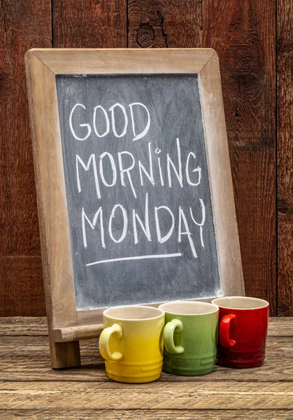 Good Morning Monday Sign White Chalk Handwriting Blackboard Cups Espresso — Stock Photo, Image