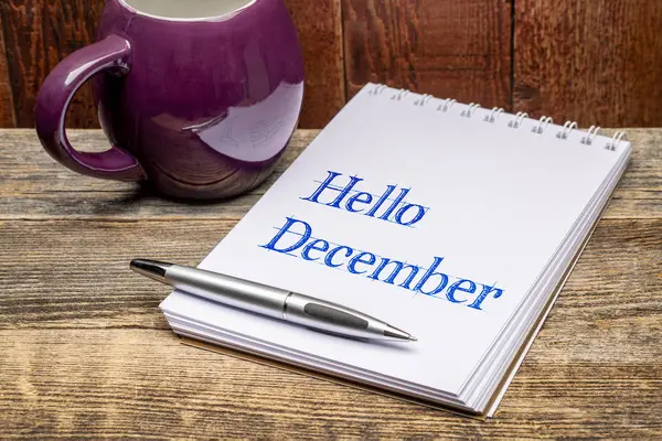 Hallo December Tekst Een Schetsboek Met Een Mok Hete Thee — Stockfoto