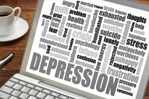 Depressie Word Cloud Een Laptop Scherm Met Een Kopje Koffie — Stockfoto