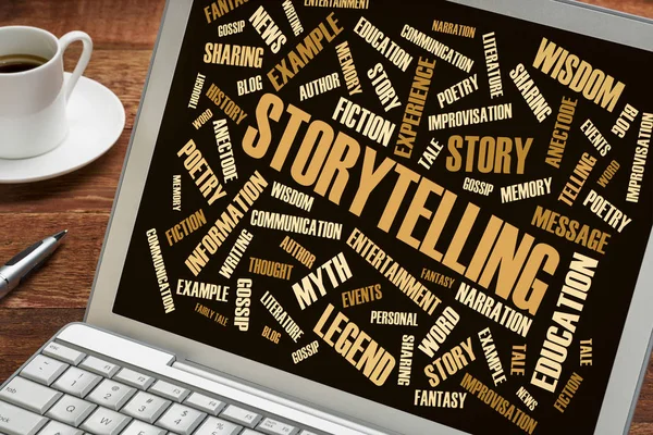 Storytelling Word Cloud Een Laptop Met Een Kopje Koffie — Stockfoto
