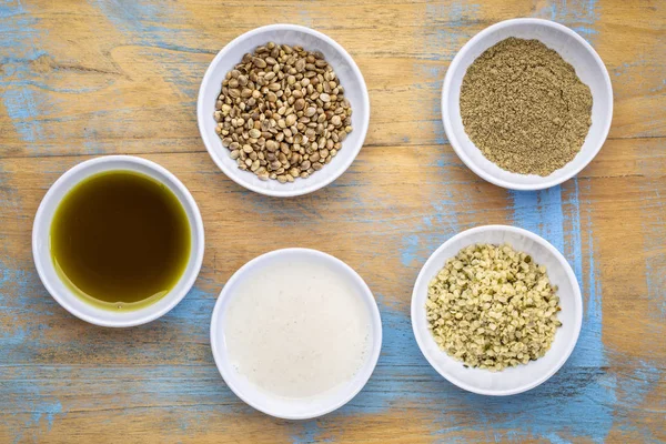 Set Hemp Seed Product Hearts Protein Powder Milk Oil Small — Stock Photo, Image