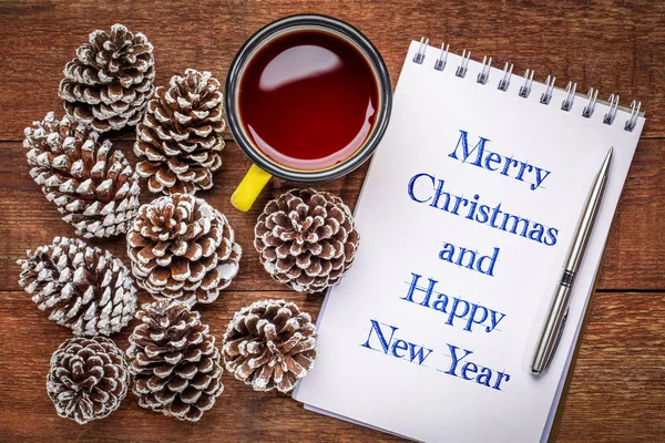 メリー クリスマスと新年あけましておめでとうございます 冷ややかな松ぼっくりとお茶とアート スケッチ ブックに手書き — ストック写真