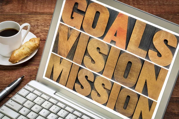 Goals Vision Mission Concept Word Abstract Vintage Letterpress Wood Type — Stock Photo, Image