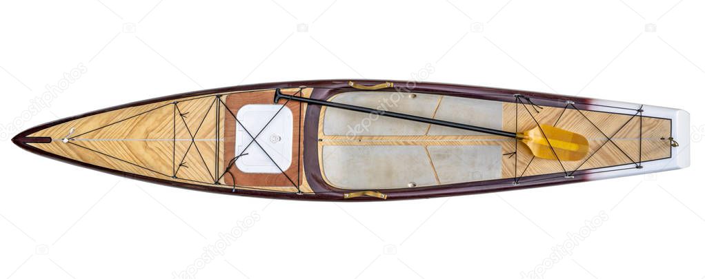 expedition or touring stand up paddleboard with a paddle, custom made hatch and bungee cords