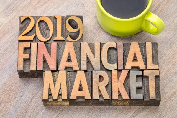 2019 Financiële Markt Word Abstract Vintage Boekdruk Houtsoort Met Een — Stockfoto