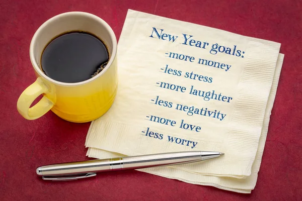New Year goals: more money, less stress, more love, less worry ... - handwriting on a napkin with a cup of coffee