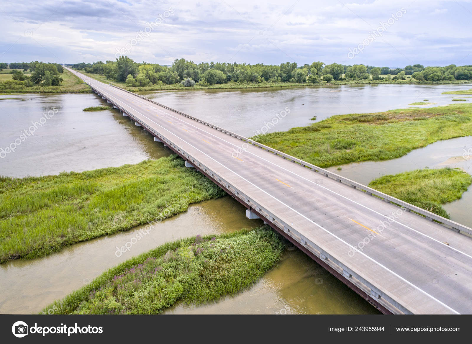Aerial View Bridge Shallow Braided Platte River Kearney Nebraska Summer — Stock Photo