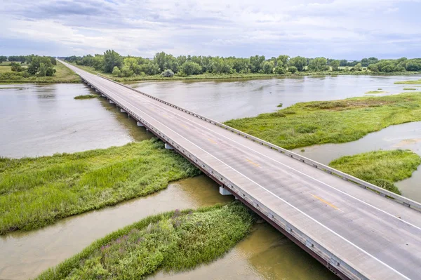 Aerial View Bridge Shallow Braided Platte River Kearney Nebraska Summer — Stock Photo, Image