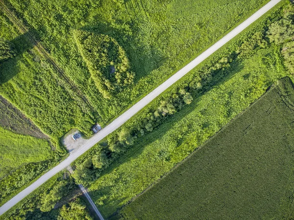 Vue Aérienne Une Route Gravier Champs Verts Près Confluent Des — Photo