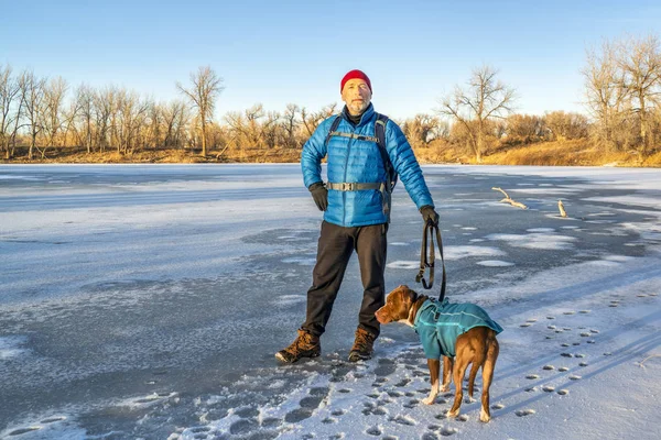 ピットブル犬とシニア男性ハイカーが凍った湖の海岸に夕日を楽しんでいます — ストック写真