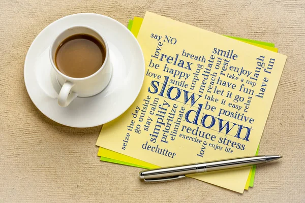 Slow Relax Reducing Stress Tips Form Word Cloud Square Paper — Stock Photo, Image