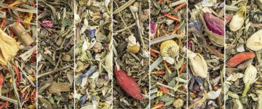 Çince gevşek yaprak bitkisel karışım çay toplama - kolaj bir makro arka plan resimleri