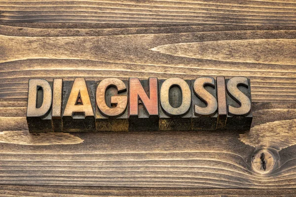 Diagnosis Word Vintage Letterpress Wood Type Grained Wooden Board — Stock Photo, Image