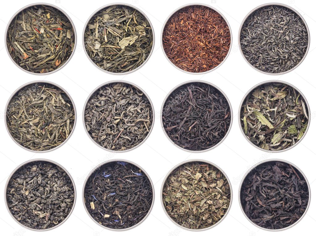 12 samples of loose leaf green, white, black, red, and herbal tea in metal cans isolated on white