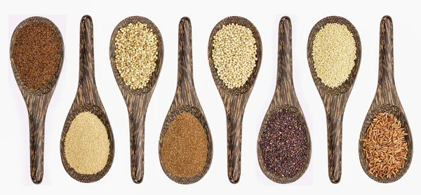 Mängd Gluten Fria Från Vänster Kaniwa Amaranth Bovete Teff Sorghum — Stockfoto