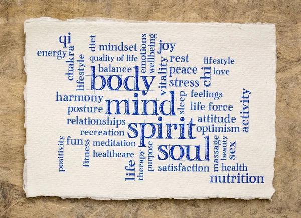 Corpo, mente, espírito e alma palavra nuvem — Fotografia de Stock