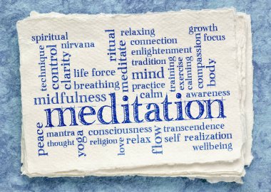 dokulu kağıt üzerinde meditasyon kelime bulut