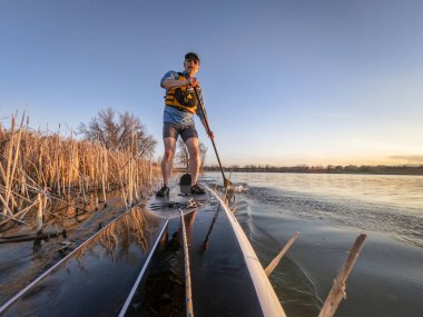 paddleboard üzerinde atletik yaşlı adam