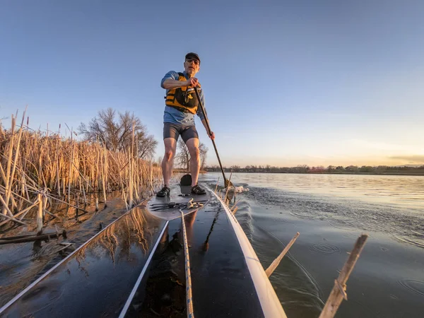 Atlético sênior no paddleboard — Fotografia de Stock