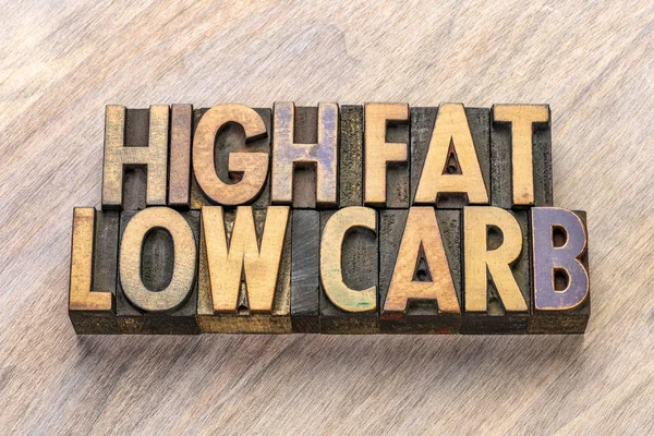 high fat, low carb text in letterpress wood type
